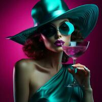 Woman drink party glass dress person retro romantic vintage face pink hat fashion photo
