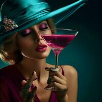 Woman hair dress fashion retro pink glass vintage party drink hat photo