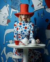 mujer bebida azul retrato Clásico hembra rojo retro atractivo taza Moda elegancia belleza foto