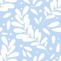 Blue and white leaf vector pattern, winter background seamless repeat tile