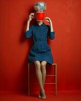 mujer belleza retrato retro rojo azul adulto atractivo Moda Clásico taza maquillaje estilo de vida posando foto