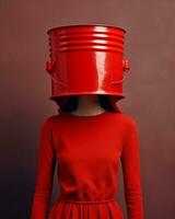 Woman concept art dress female standing vintage fashionable beauty attractive red hair bucket photo