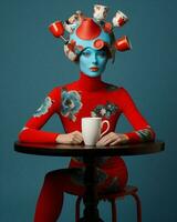 Beauty woman red blue portrait fashion retro cup attractive vintage cafe photo