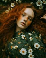 Woman pretty spring redhead bright portrait camomile beauty trendy young lady model photo