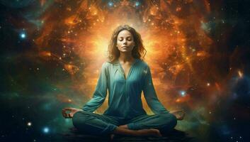 Yoga zen meditating lotus universe energy silhouette background space star spirituality spirit cosmic photo