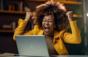 woman computer business successful laptop work achievement winner happy student smile. Generative AI. photo