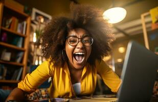 woman laptop student achievement computer work happy technology winner smile business. Generative AI. photo