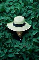 Tropical woman brunette portrait fashion style outdoors spring green white summer hat photo