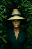 Woman summer white person green female red garden fashion outdoors style hat tropical portrait photo