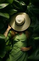 Woman white sun pretty tropical beauty hat fashion outdoors green portrait style summer lady photo