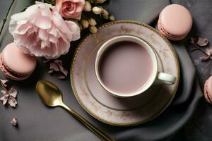 jarra postre pastel vistoso francés taza flor dulce delicioso desayuno rosado foto