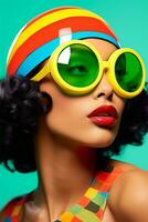 Neon woman beauty portrait fashionable hipster gorgeous color trendy lady pink sunglasses yellow model photo