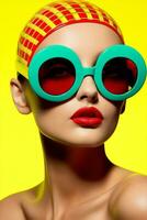 Woman sunglasses pink fashionable yellow beauty neon hipster trendy color person model photo