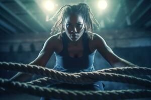 mujer persona aptitud gimnasio americano joven africano deporte cuerda atleta ajuste femenino. generativo ai. foto