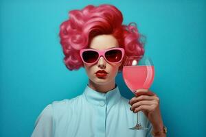 Bar woman adult pink fashion blue alcohol drinking beauty relaxation glass wineglass studio photo