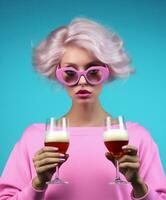 mujer bar adulto rosado alcohol Copa de vino Moda belleza vaso azul Bebiendo foto
