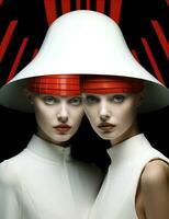 Moda retrato atractivo sombrero vistoso mujer sensualidad negro rojo Arte belleza posando blanco elegante foto