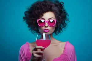 Woman pink beer glass bar beauty adult celebration casual fashion alcohol blue lifestyle drinking photo