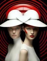 Attractive art fashion red two women colorful cute beauty black hat brunette white photo