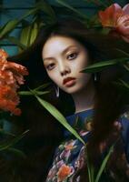 Asian woman face decoration green model vintage bird colorful portrait flower tropical leaves beauty photo