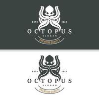 Octopus Logo, Old Retro Vintage Design Ocean Animal Vector Tentacle Illustration Template