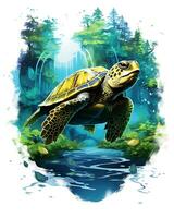 A Turtle Flying in the Water Enchanted River Bank Art illustration Vector Background photo