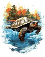 A Turtle Flying in the Water Enchanted River Bank Art illustration Vector Background photo