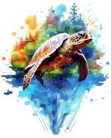 A Turtle Flying in the Water Enchanted River Bank Art illustration Vector Background photo