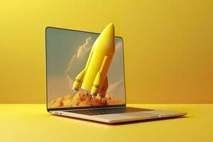 Launching a new product or service. Technology development process. Space rocket launch. 3d render. Yellow rocket lift up from the display laptop. AI Generative photo