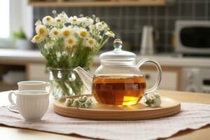 Wooden tray with teapot, cups of natural chamomile tea and flowers on table. Generative AI photo