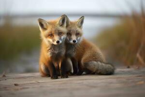 Wild baby red foxes cuddling at the beach. Generative AI photo
