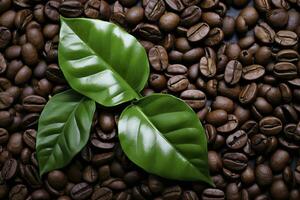 Green leaves with coffee beans as background. AI Generated photo