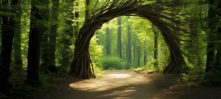 Natural archway shaped by branches in the forest. AI Generated photo