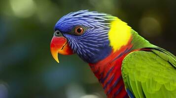 Side view Closeup of beautiful and colorful Lorikeet Green naped bird. Generative AI photo