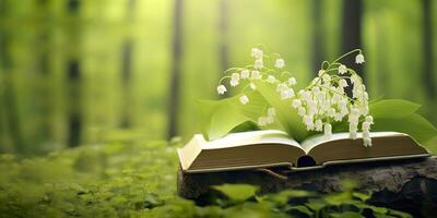 Lily of the Valley flowers and old books in the forest, green natural background. AI Generated photo