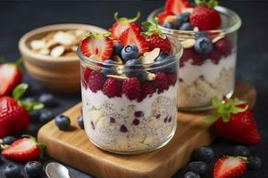 Mixed berries overnight oats with almond flakes in a glass jar, healthy breakfast.  AI Generated photo