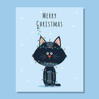 A Christmas postcard with a dark cat entangled in a lights. Vector illustration. Hand draw, cartoon.