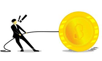 Businessman character pulling big golden money coin vector