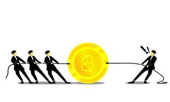 Businessman teamwork pulling big golden coins vector