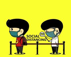 Cute character physical distancing stand in line queue vector