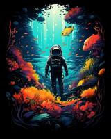 One astronaut ocean standing in a futuristic Art Winter illustration Vector Background photo