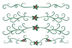 Christmas Flourishes Swirls dividers lines Decorative Elements, Vintage Calligraphy Scroll Merry Christmas text divider filigree elegant, Winter Holly headers fancy separator green page decor vector