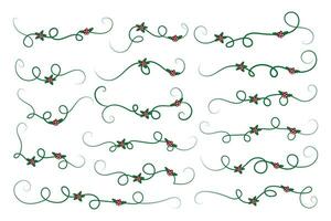 Christmas Flourishes Swirls dividers lines Decorative Elements, Vintage Calligraphy Scroll Merry Christmas text divider filigree elegant, Winter Holly headers fancy separator green page decor vector