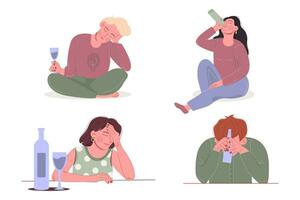 Alcoholism concept of women, men sitting with bottle of alcohol. vector