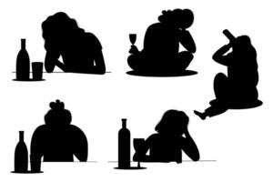 Female alcoholism silhouette concept woman sitting with bottle of alcohol vector