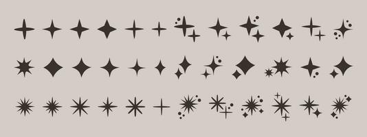 Retro futuristic sparkle icons collection. Set of star shapes. Abstract symbol sign vector design. Y2k elements. Vector illustration