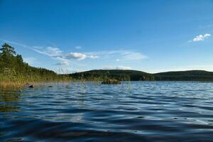 View of a lake in Smaland in Sweden. Blue water with light waves and reeds. Blue sky photo