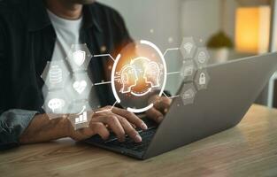 Man using laptop and touch virtual digital Ai network chain. Digital transformation change management, internet of things, smart Ai technology, IoT concepts of business icons smart Internet of Things. photo
