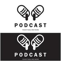podcast logo with microphone and earphone audio, radio waves. for studio, talk show, chat, information sharing, interview, multimedia and web. vector