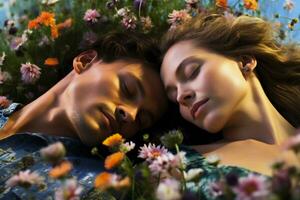 Couple in flowers field lying on grass meadow AI Generative photo